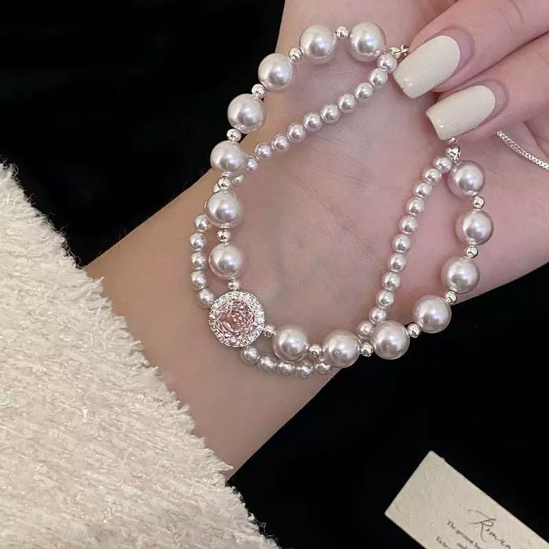 Pink Rose Double Chain Pearl Bracelet