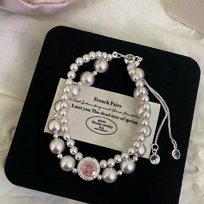 Pink Rose Double Chain Pearl Bracelet