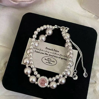Pink Rose Double Chain Pearl Bracelet