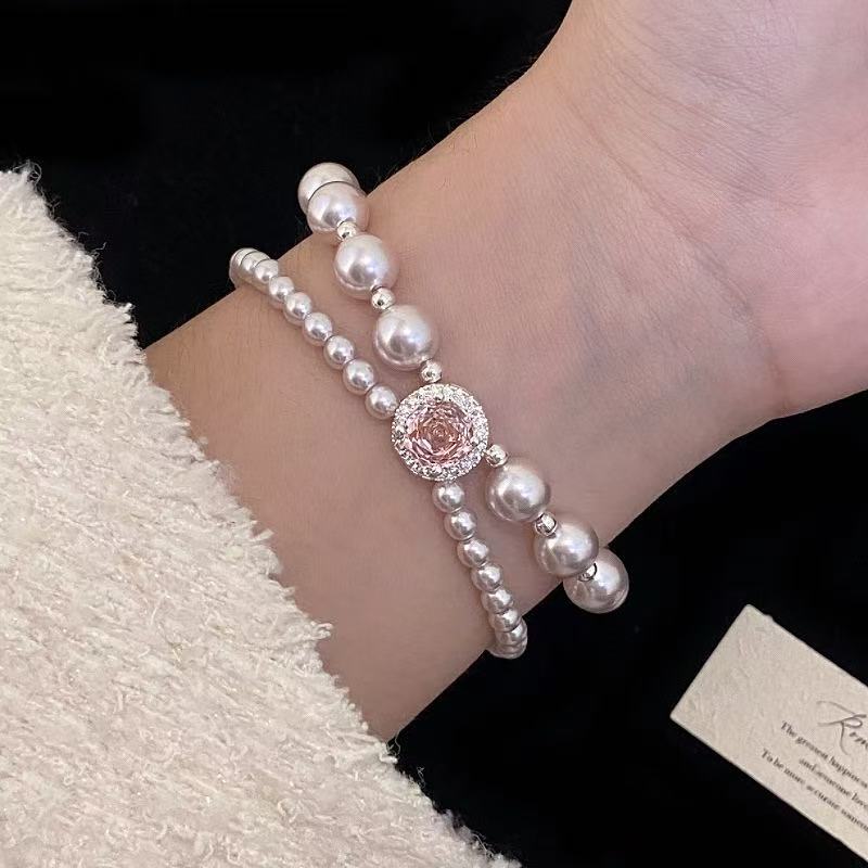 Pink Rose Double Chain Pearl Bracelet