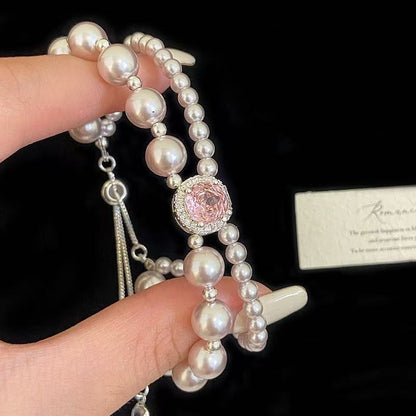 Pink Rose Double Chain Pearl Bracelet
