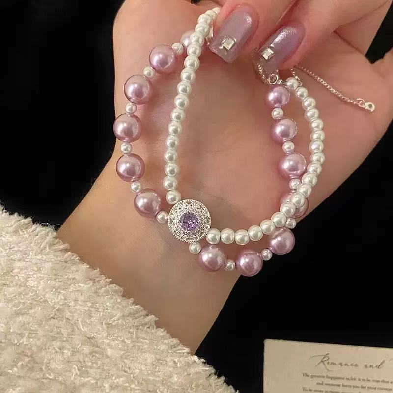 Pink Rose Double Chain Pearl Bracelet